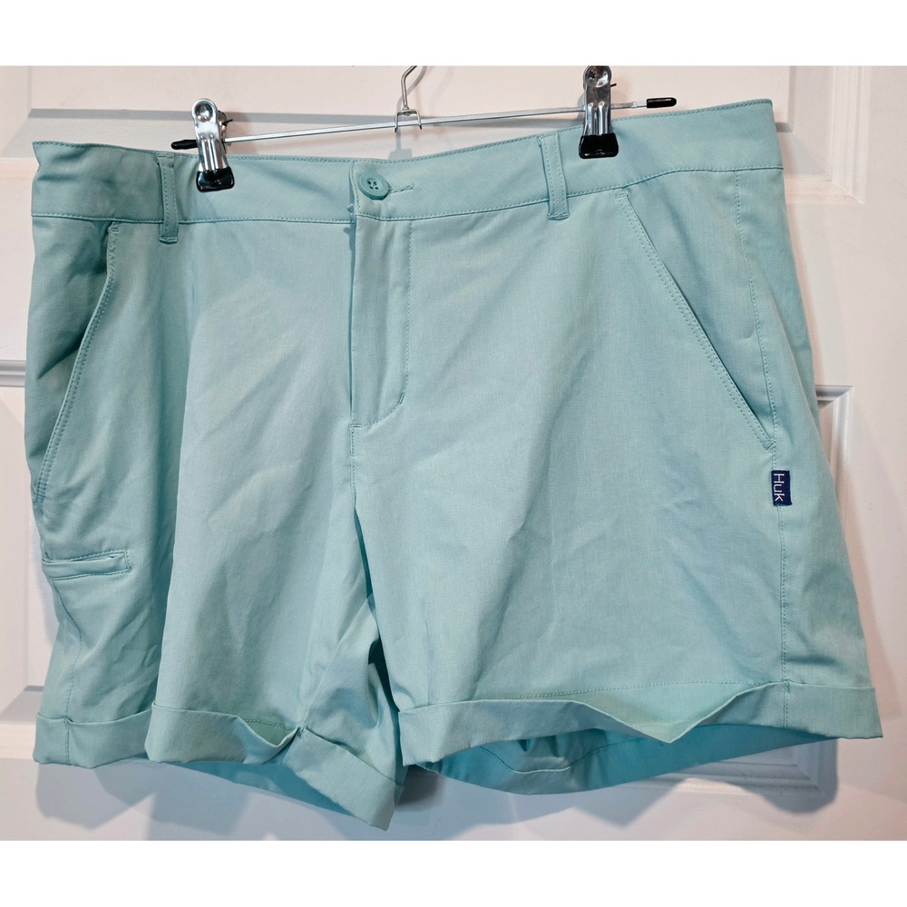 Huk Fishing Shorts Womens Large Aqua Blue Polyester Coastal Performance Classic